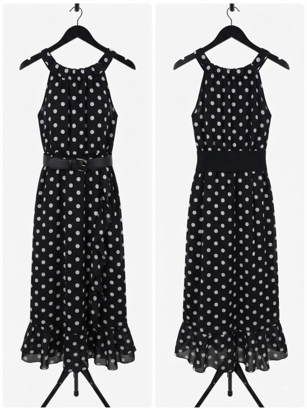 Cocomo Black & White Polka Dot Halter Midi Dress with Ruffle & Belt - NWOT - Picture 2 of 9